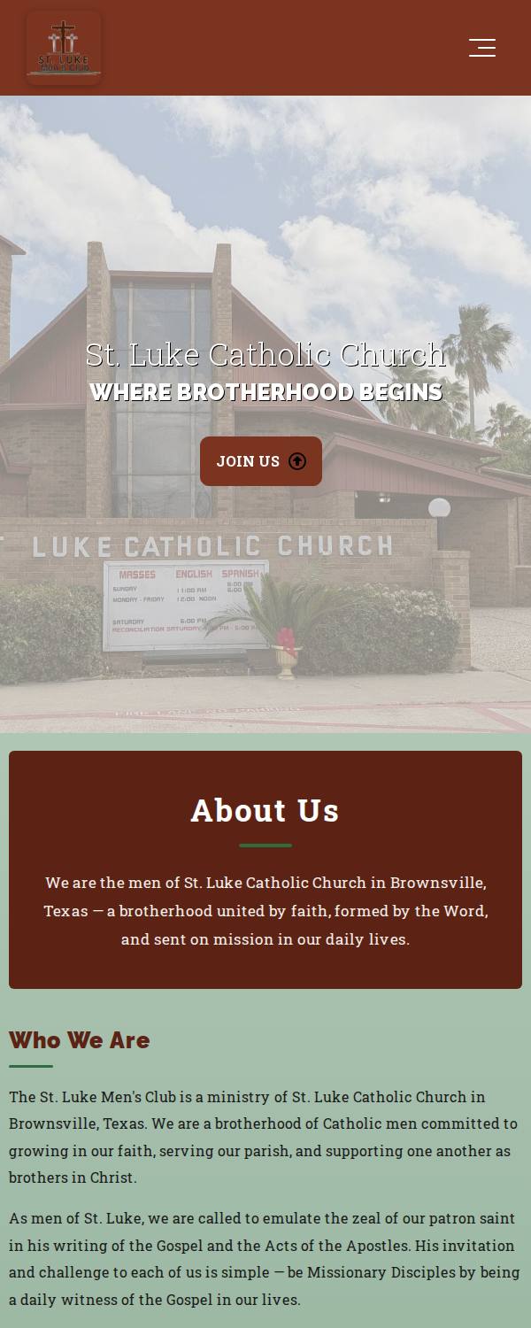The About Us page of stlukemensclub.com on a narrow screen: the club's header, a photo of St. Luke Catholic Church with the words Where brotherhood begins, the About Us heading and the start of Who We Are.
