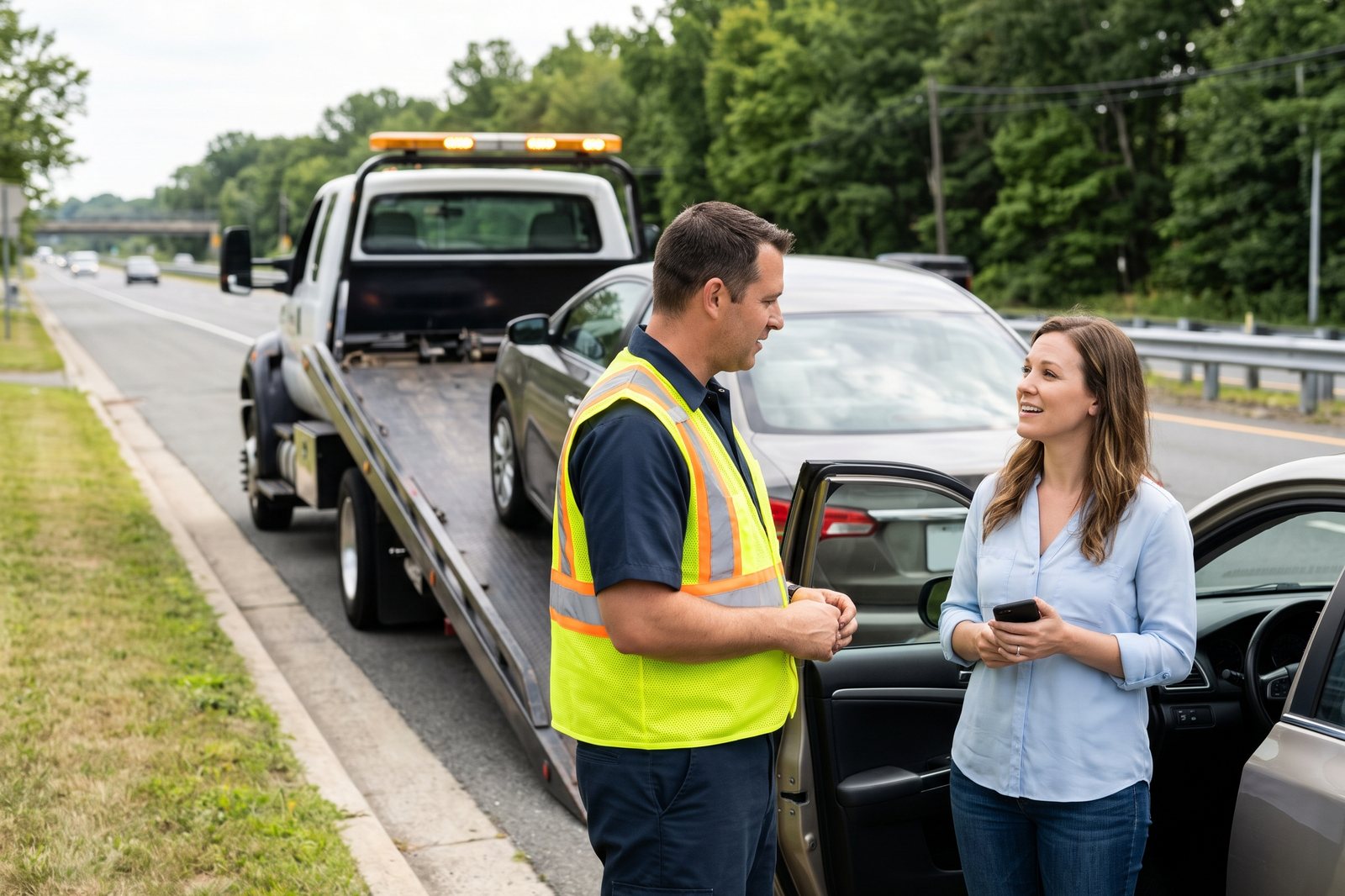A tow truck driver in a safety vest talking with a woman beside her car at the roadside, a flatbed tow truck behind them