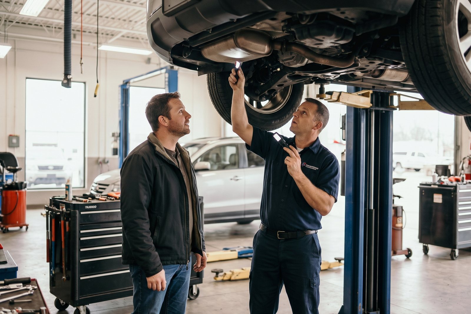 A mechanic shining a light under a car raised on a lift as the driver looks on