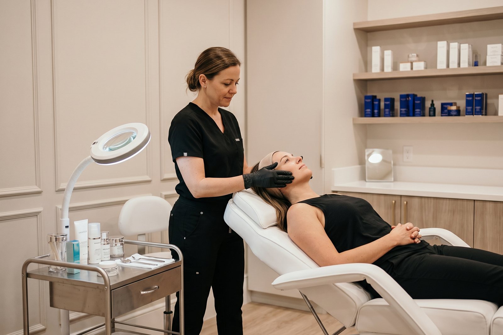 Una esteticista con uniforme negro le hace un facial a una mujer recostada en un sillón de tratamiento