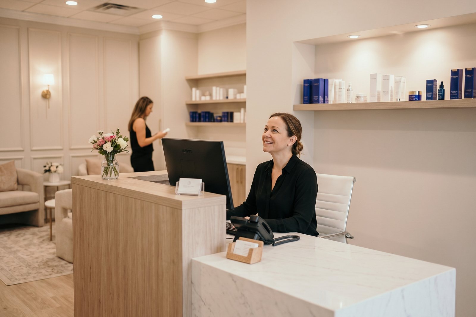 Una recepcionista sonriente en el mostrador de un spa, y detrás una mujer mira productos para la piel
