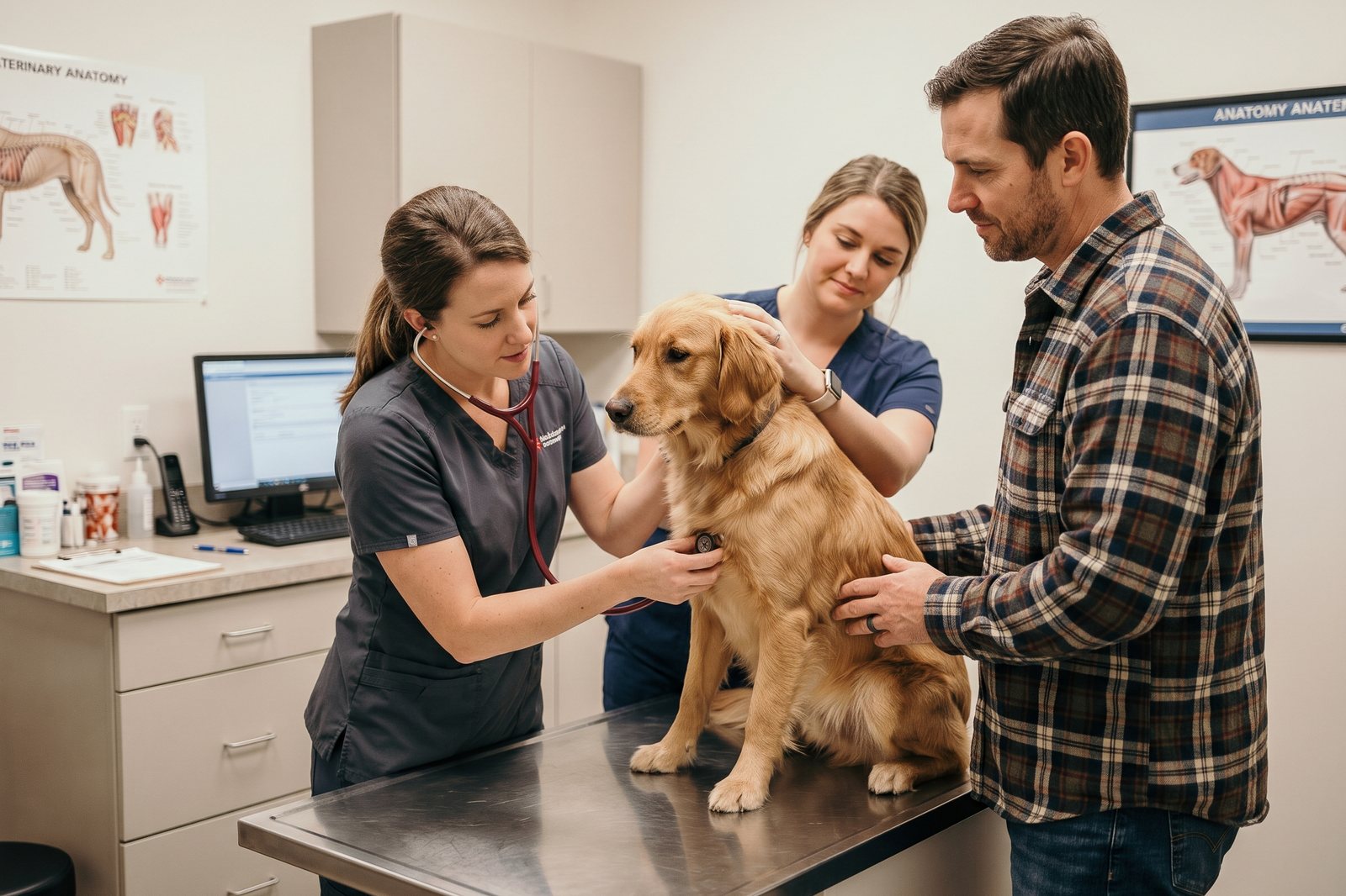 A veterinarian listening to a golden retriever's heart on the exam table, with a vet technician and the dog's owner beside it