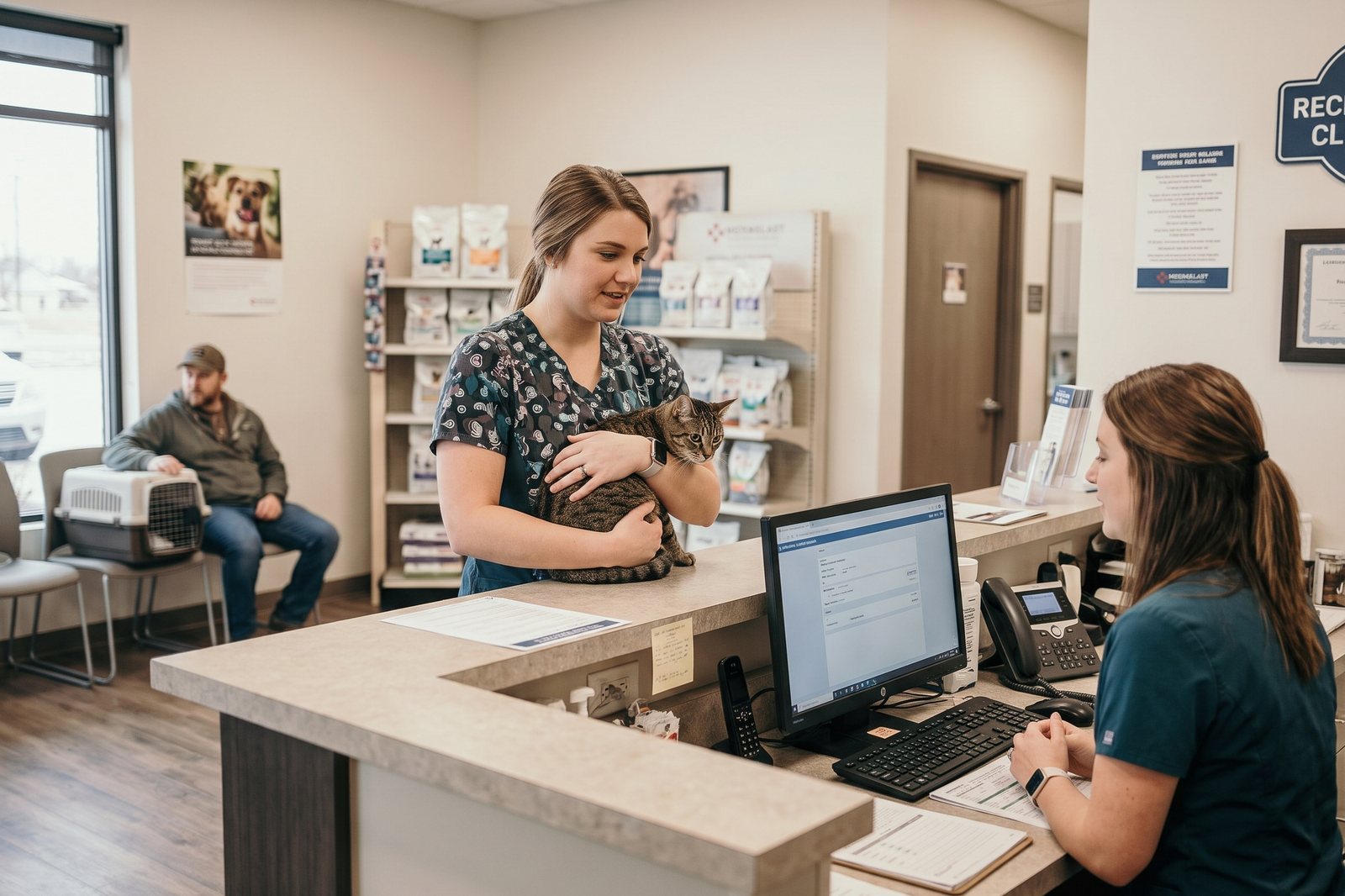 A woman holding a tabby cat at a veterinary front desk, with a man and a pet carrier waiting behind